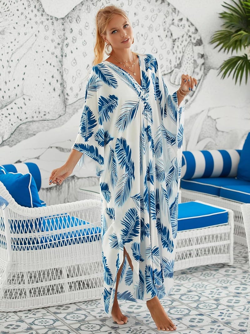 IMAGEKOPE Women's Plus Size Animal Print V-Neck Batwing Kaftan Beach Dress Bathing Suit Cover-Up Loungewear - Image 3